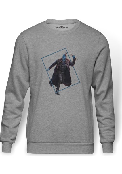 Yenilmez Yondu Galaxy Baskılı Gri Erkek Örme Sweatshirt Uzun Kol