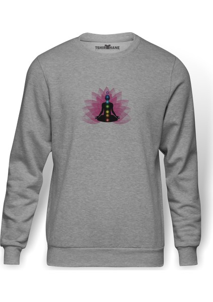 Yoga Meditasyon Download Meditation Baskılı Gri Erkek Örme Sweatshirt Uzun Kol