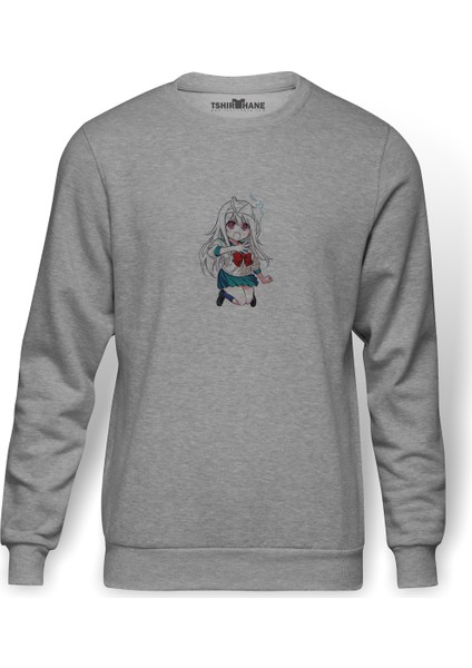 Yuragi Sou No Yuuna San Baskılı Gri Erkek Örme Sweatshirt Uzun Kol