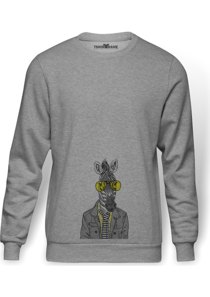 Zebra Potikare Zebra Ceket Ve Güneş Baskılı Gri Erkek Örme Sweatshirt Uzun Kol