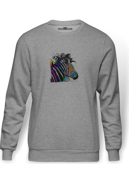 Zebra Baskılı Gri Erkek Örme Sweatshirt Uzun Kol