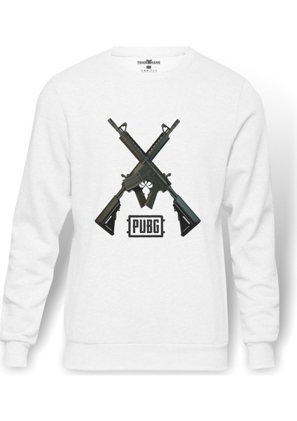 Pubg M416 Baskılı Beyaz Erkek Örme Sweatshirt Uzun Kol