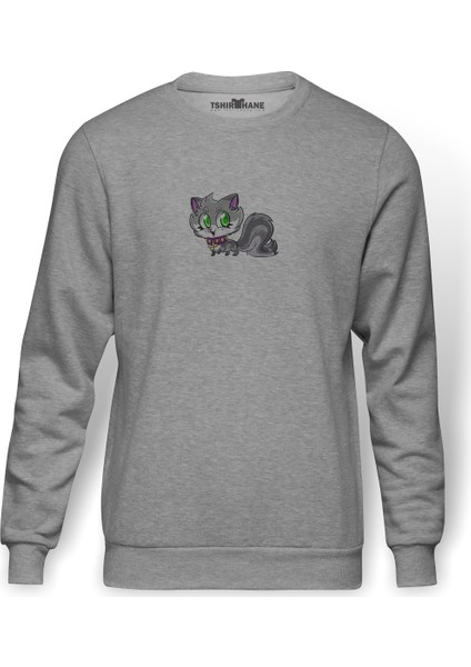 Kedi Baskılı Gri Erkek Örme Sweatshirt Uzun Kol