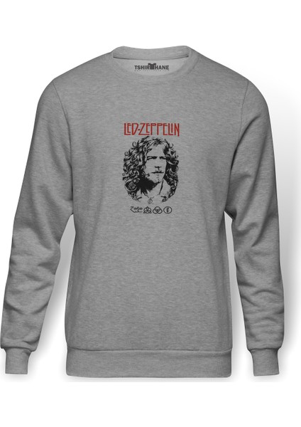 Led Zeppelın Robert Plant For White Baskılı Gri Erkek Örme Sweatshirt Uzun Kol