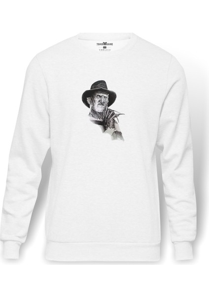 Freddy Krueger white Shadow Baskılı Beyaz Erkek Örme Sweatshirt Uzun Kol