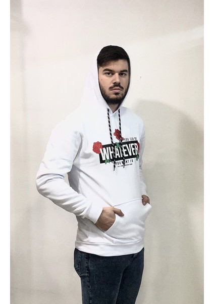 Amor Man Beyaz Kapüşonlu Whatever Dijital Göğüs Sırt Baskılı Oversize Erkek Sweat