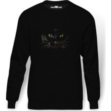 Tshirthane Pantera Cad Kedi Baskılı Siyah Erkek Örme Sweatshirt Uzun Kol