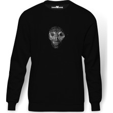 Tshirthane Skull Çizgi Kurukafa Baskılı Siyah Erkek Örme Sweatshirt Uzun Kol