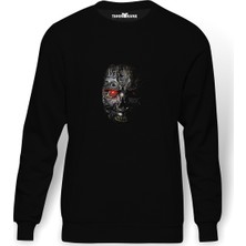 Tshirthane Skull Hd Android 2 Baskılı Siyah Erkek Örme Sweatshirt Uzun Kol