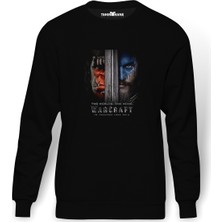 Tshirthane Warcraft Two Worlds One Home Baskılı Siyah Erkek Örme Sweatshirt Uzun Kol