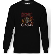 Tshirthane AC DC HELLS BELLS METAL  Baskılı Siyah Erkek Örme Sweatshirt Uzun Kol