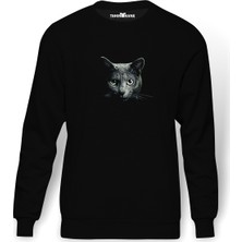 Tshirthane Anime Green Cat Eyes  Baskılı Siyah Erkek Örme Sweatshirt Uzun Kol