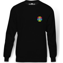 Tshirthane Colorful Lion Mane Baskılı Siyah Erkek Örme Sweatshirt Uzun Kol