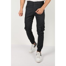 Point Shop Erkek Siyah Renk Paçası Lastikli Slim Fit Likralı Körüklü Cep Kargo Pantolon