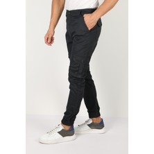 Point Shop Erkek Siyah Renk Paçası Lastikli Slim Fit Likralı Körüklü Cep Kargo Pantolon