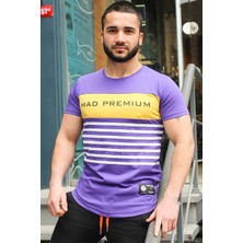 Madmext Çizgi Detaylı Baskılı Mor T-Shirt 3041