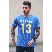 Madmext Saks Çizgi Detaylı Baskılı T-Shirt 3008