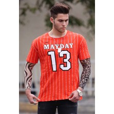 Madmext Turuncu Çizgi Detaylı Baskılı T-Shirt 3008