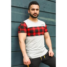 Madmext Bisiklet Yaka Ekoseli Beyaz T-Shirt 3004