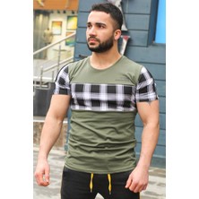 Madmext Bisiklet Yaka Ekoseli Haki T-Shirt 3004