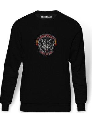 Tshirthane Lone Wolf Werewolf Pack Of One Baskılı Siyah Erkek Örme Sweatshirt Uzun Kol