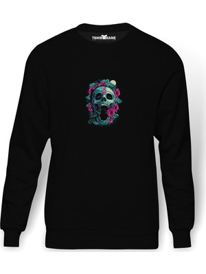 Tshirthane Rose Kuş Owl Skull Baskılı Siyah Erkek Örme Sweatshirt Uzun Kol