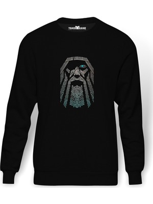 Tshirthane Vikings Odin Baskılı Siyah Erkek Örme Sweatshirt Uzun Kol