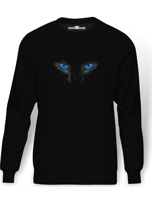 Tshirthane Cat Eyes Blue Kedi  Baskılı Siyah Erkek Örme Sweatshirt Uzun Kol