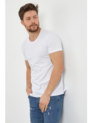 Tarz Cool Erkek Beyaz Düz Slim Fit Likralı T-SHIRT-DZTSRTR07S