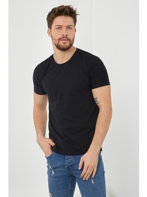 Tarz Cool Erkek Siyah Düz Slim Fit Likralı T-SHIRT-DZTSRTR06S