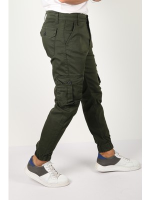 Point Shop Erkek Haki Renk Paçası Lastikli Slim Fit Likralı Körüklü Cep Kargo Pantolon