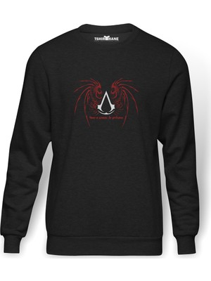 Tshirthane Assassin's Creed Logo Eagle  Baskılı Füme Erkek Örme Sweatshirt Uzun Kol