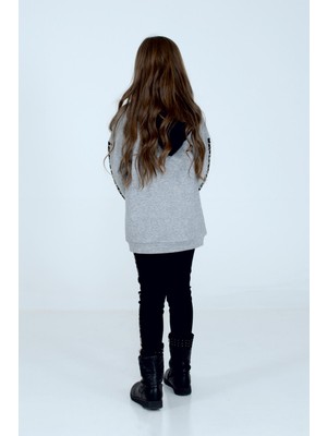 Silversun Gri Renkli Leopar Baskılı Kapşonlu Uzun Kol Kız Çocuk Tişört|js 315200