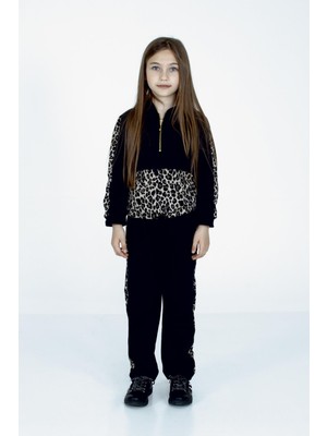 Silversun Siyah Renkli Leopar Deseni Baskılı Kapşonlu Fermuar Aksesuarlı Uzun Kol Kız Çocuk Tişört|js 315201