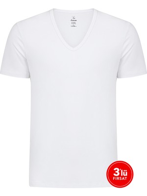 Sam Erkek Modal Derin V Yaka Tshirt 3'lü Paket - Beyaz