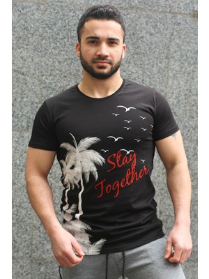 Madmext Bisiklet Yaka Siyah Baskılı T-Shirt 3026