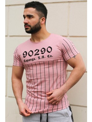 Madmext Bisiklet Yaka Çizgi Detaylı Pudra T-Shirt 2863