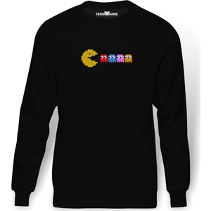 Pac Man Pixel Baskılı Siyah Erkek Örme Sweatshirt Uzun Kol