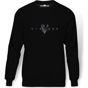 Vikings Baskılı Siyah Erkek Örme Sweatshirt Uzun Kol