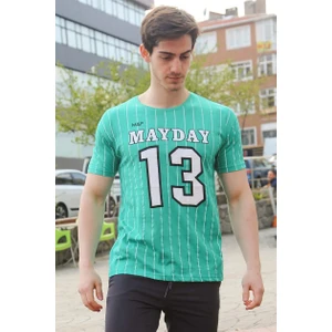 Yeşil Çizgi Detaylı Baskılı T-Shirt 3008