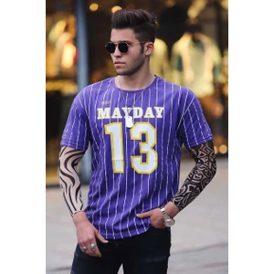 Mor Çizgi Detaylı Baskılı T-Shirt 3008