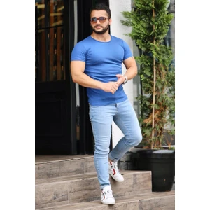 Bisiklet Yaka Saks Basic T-Shirt 4077