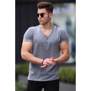 Düğmeli Gri Basic T-Shirt 4052