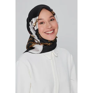 İpek Eşarp Sura Yeni Nostalji Seri Siyah Beyaz Zincir Detaylı