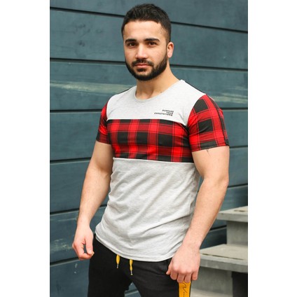 Bisiklet Yaka Ekoseli Beyaz T-Shirt 3004