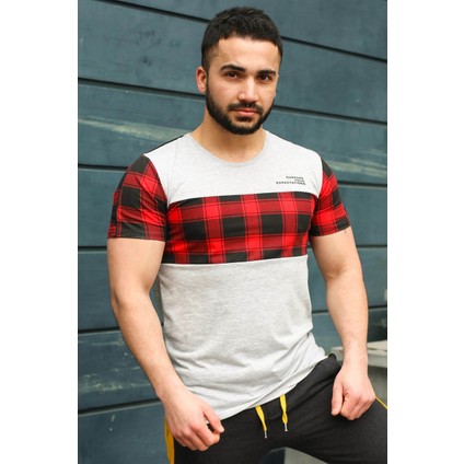 Bisiklet Yaka Ekoseli Beyaz T-Shirt 3004