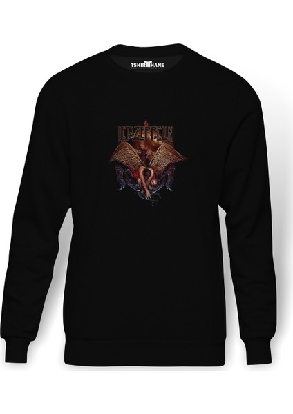 Led Zeppelin Icarus Wing Baskılı Siyah Erkek Örme Sweatshirt Uzun Kol
