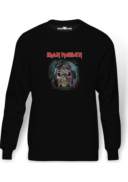 Maiden Pilot Eddie Metal Baskılı Siyah Erkek Örme Sweatshirt Uzun Kol