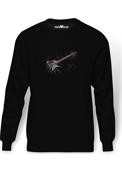 Metal Rock And Roll Guitar Heavy Baskılı Siyah Erkek Örme Sweatshirt Uzun Kol