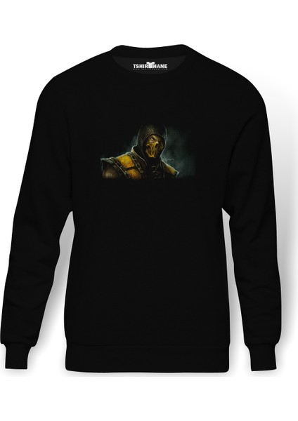 Mortal Combat Scorpion Baskılı Siyah Erkek Örme Sweatshirt Uzun Kol